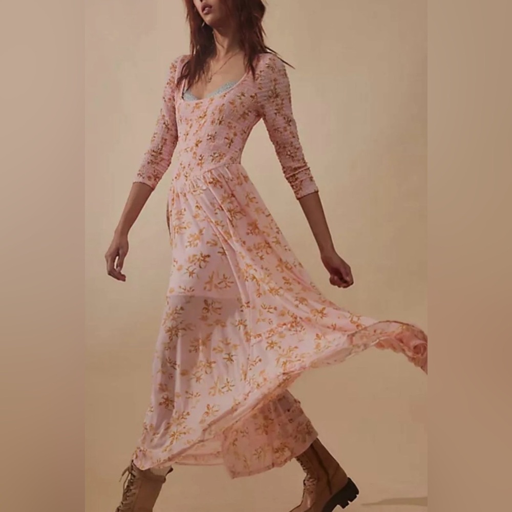 Free People-NWT It’s Fate-Floral-Midi Dress-Powder Pink-Fairy-Cottage-Bohemian-M
